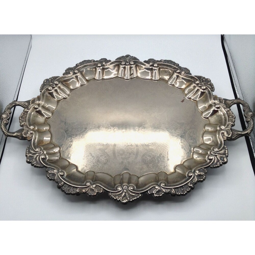 Vtg Silver Plate Serving Tray Platter Heavy Ornate Footed Handles Victorian 22"